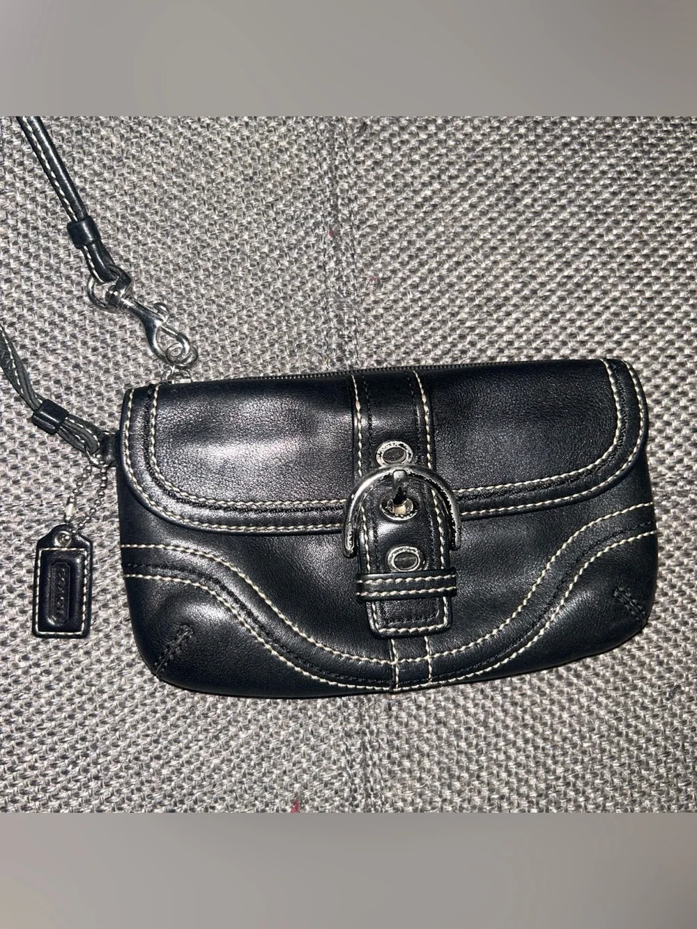 Coach Black Leather Wristlet Strap Bag with Contrast Stitching